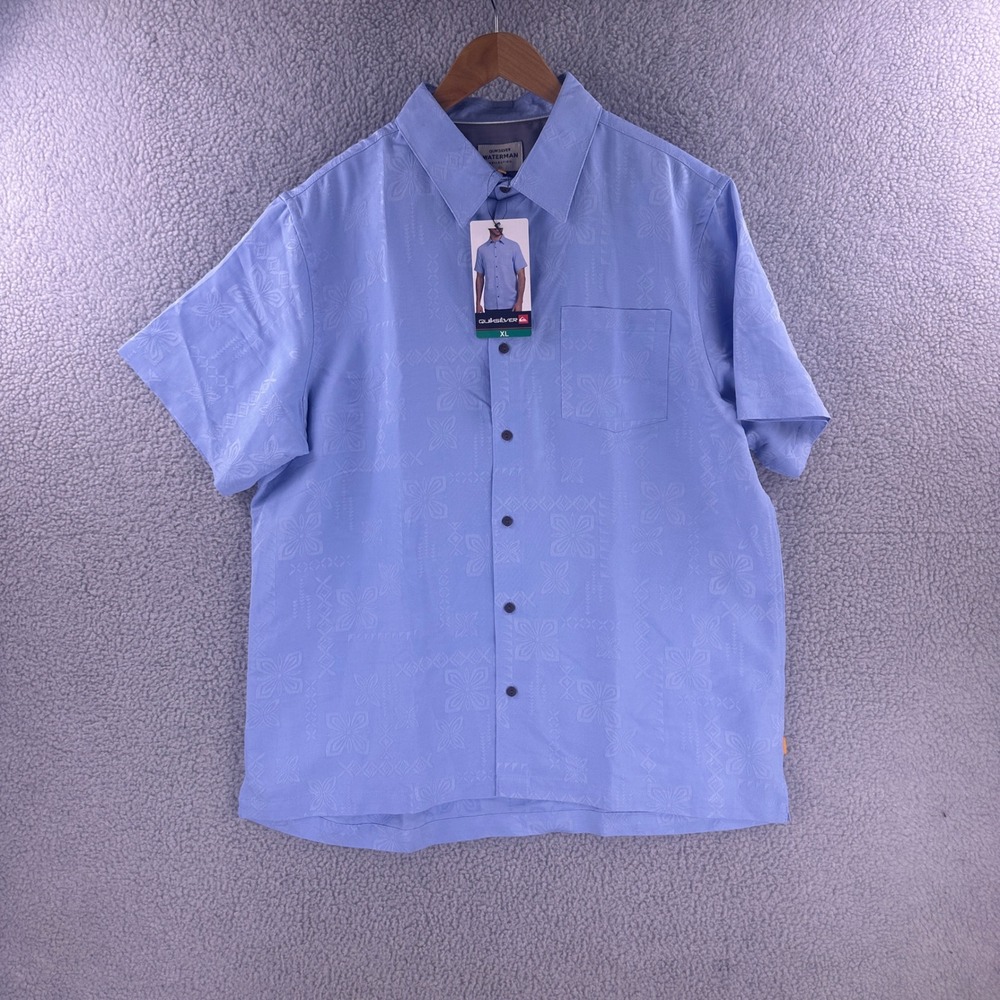 Quiksilver Waterman Collection Mens XL Blue Woven Short Sleeve Shirt Floral New